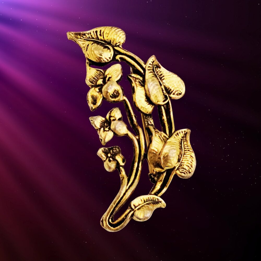 VTG Gold-Tone Floral Vine Brooch Art Nouveau Style Lily & Blossom Design 70s–80s